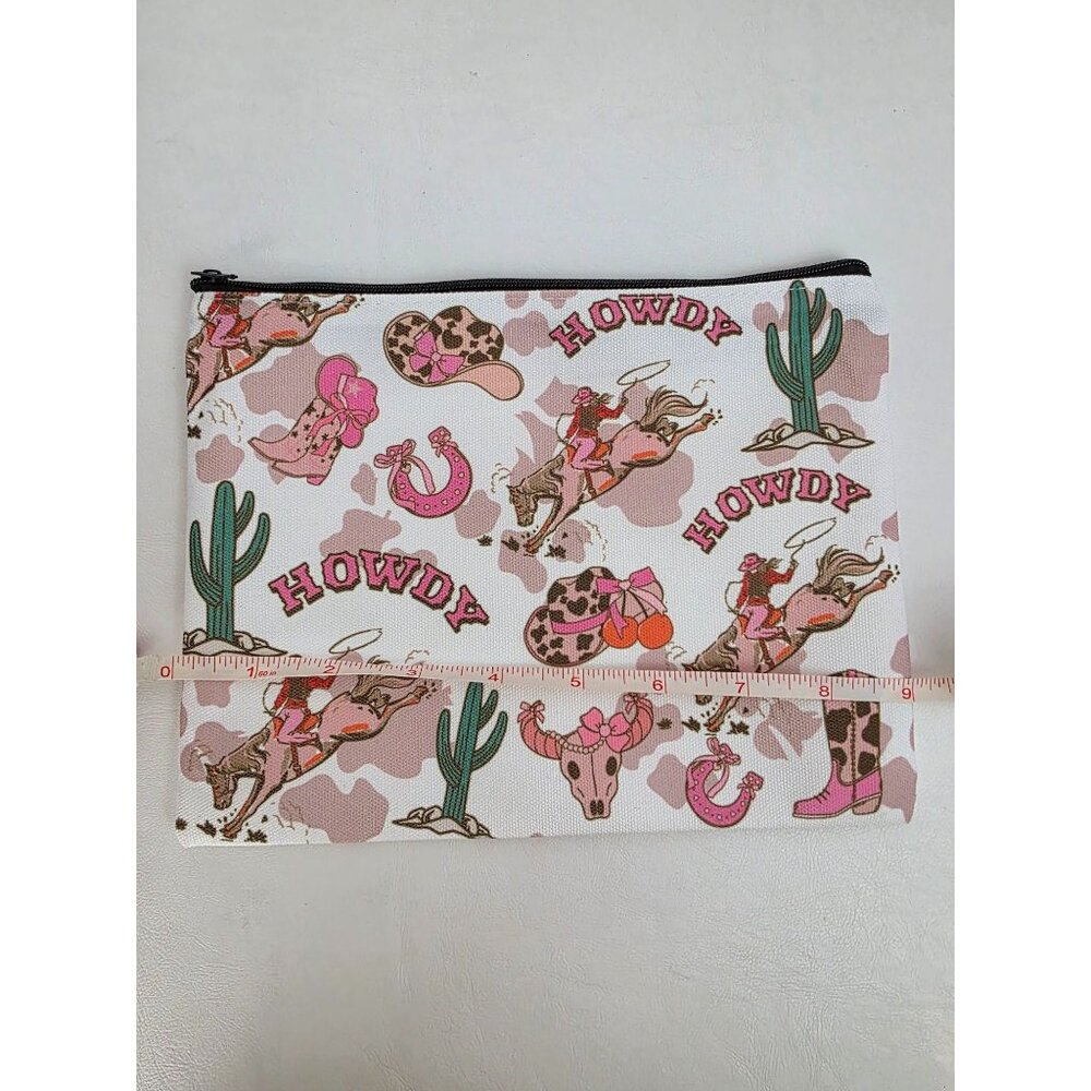 New Howdy Western-Themed Canvas Zipper Pouch 9x7 In With Cowboy & Cowgirl Print - Picture 8 of 9
